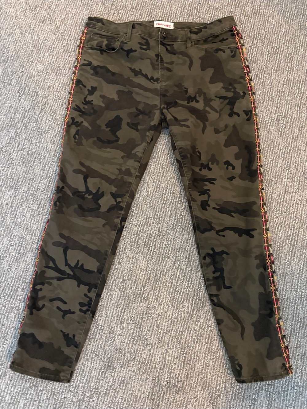 DRIFTWOOD Olive Camo Jeans with Multicolor Embroidered Side Trim